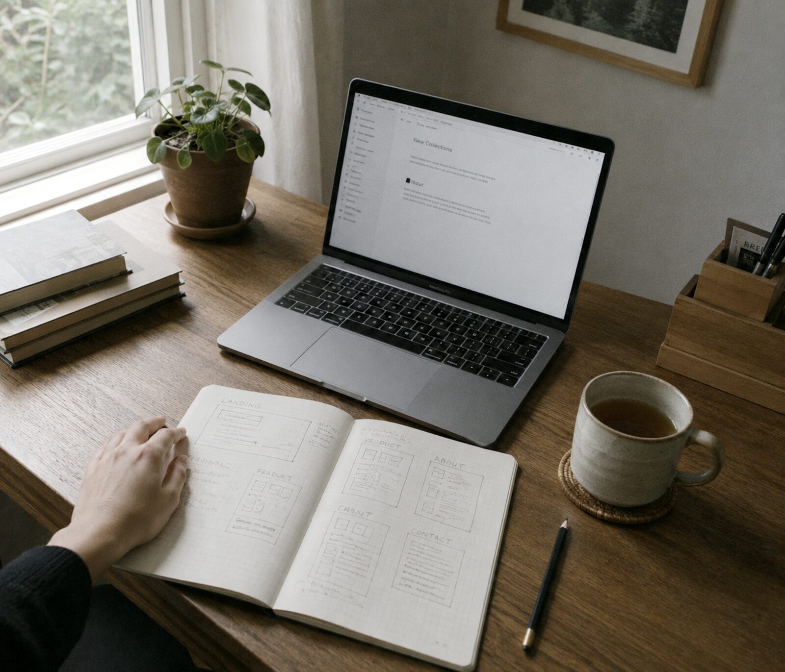 A developer planning page layouts beside a laptop at a sunlit desk.